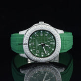 Iced Out Luxury Moissanite Diamond Automatic Green Rubber belt Watch, Customized Moissanite Studded Rubber belt Watch