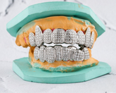Iced Out Moissanite Diamond Grillz - Silver and Gold Teeth Grillz, 8 top & 8 bottom Hip Hop Rapper Grillz