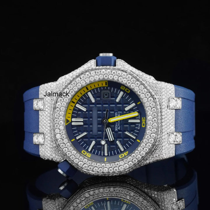 Stainless Steel Iced Out Moissanite Diamond Automatic Rubber Belt Watch, Customized Moissanite Studded Rubber belt Watch