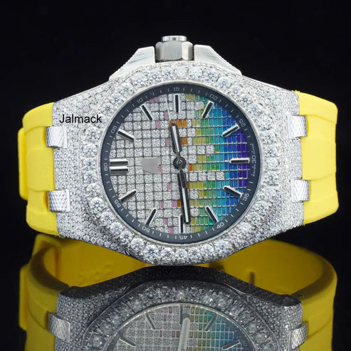 Stainless Steel Iced Out Moissanite Diamond Automatic Rubber Belt Watch, Customized Moissanite Studded Rubber belt Watch