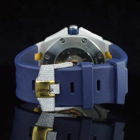 Stainless Steel Iced Out Moissanite Diamond Automatic Rubber Belt Watch, Customized Moissanite Studded Rubber belt Watch