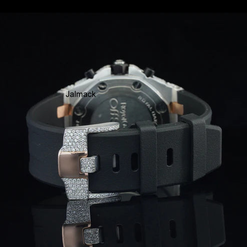 Stainless Steel Iced Out Moissanite Diamond Automatic Rubber Belt Watch, Customized Moissanite Studded Rubber belt Watch