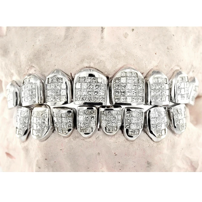 Princess Cut Solitaire 925 Silver invisible setting moissanite teeth Grillz with 8 top & 8 bottom