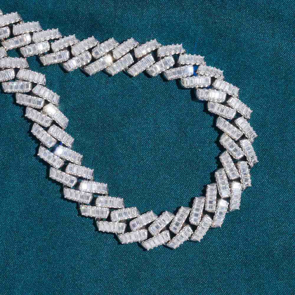 13MM White Gold Plated Baguette Stone Moissanite Cuban Link Chain