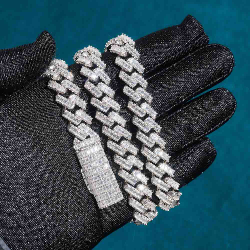 13MM White Gold Plated Baguette Stone Moissanite Cuban Link Chain