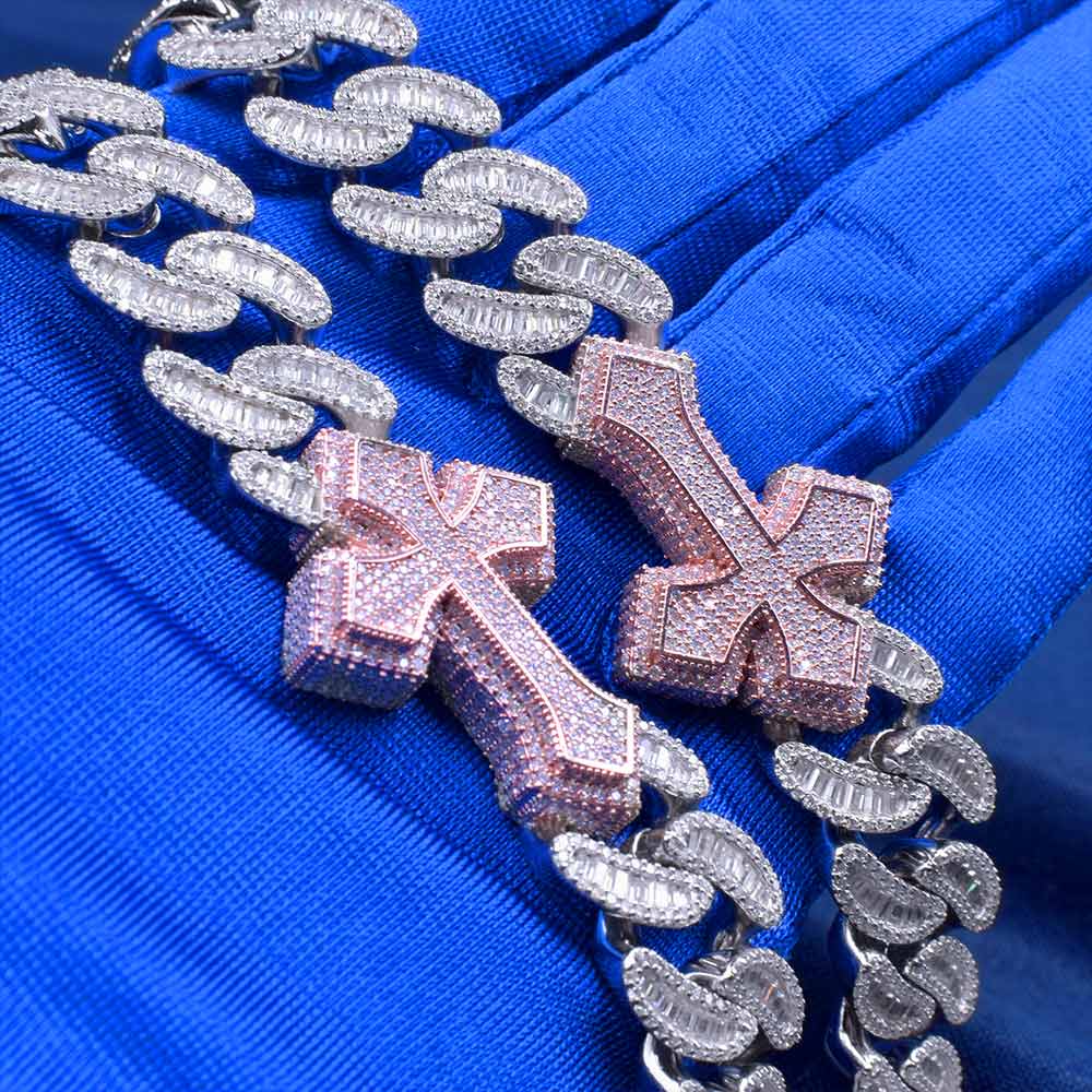 15MM Baguette Cross Moissanite Cuban Link Chain For Men's