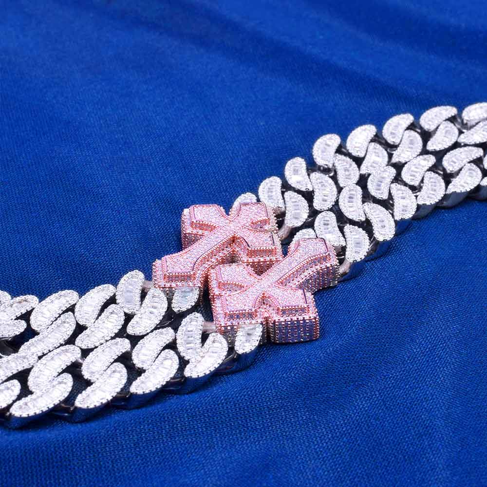 15MM Baguette Cross Moissanite Cuban Link Chain For Men's
