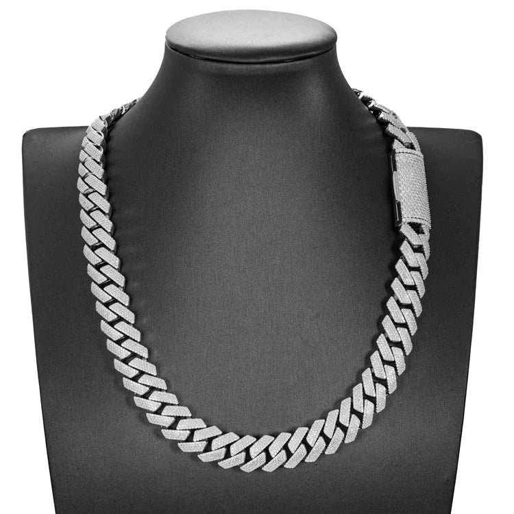 15MM Iced Out Moissanite Cuban Link Chain in 925 Solitaire Silver