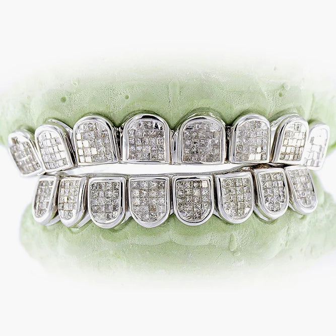 8 top & 8 bottom Princess Cut Solitaire 925 Silver invisible setting moissanite teeth Grillz