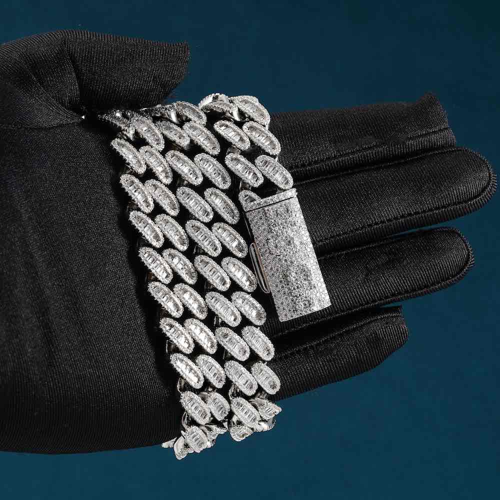 16MM Stylish Baguette Stone With Moissanite Diamond Cuban Link Chain For Fashion's