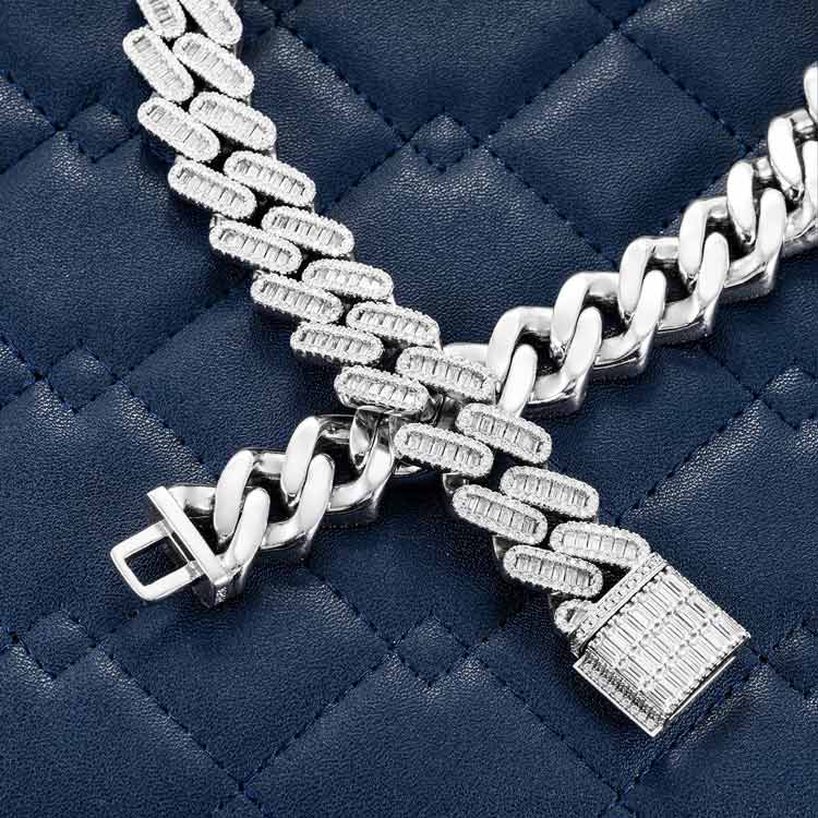 18MM 925 Silver Sparkling Miami Baguette Stone With Moissanite Cuban Link Chain For Jewelry