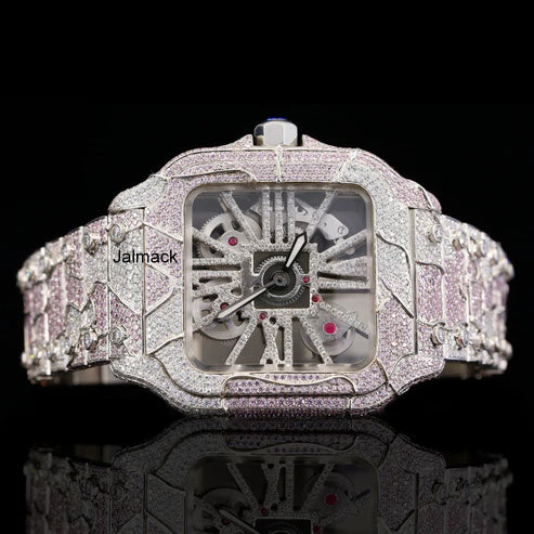 40MM Cartier Santos Skeleton Moissanite watch, Customized Moissanite Studded Watch