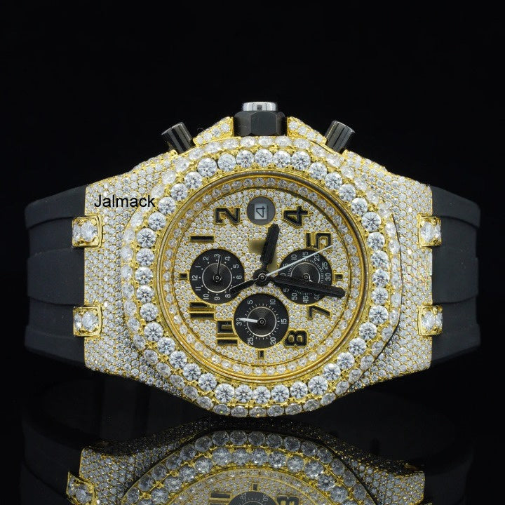 Stainless Steel Iced Out Moissanite Diamond Automatic Rubber Belt Watch, Customized Moissanite Studded Rubber belt Watch