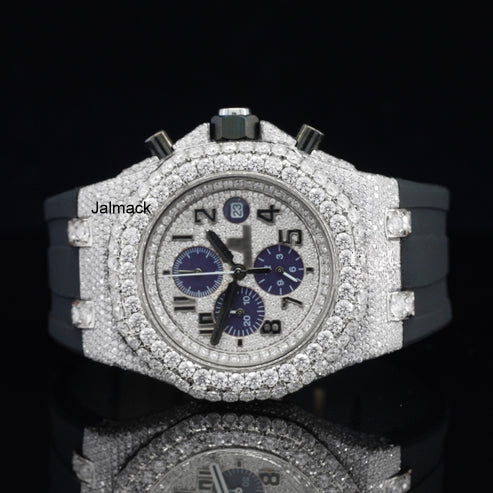 Stainless Steel Iced Out Moissanite Diamond Automatic Rubber Belt Watch, Customized Moissanite Studded Rubber belt Watch