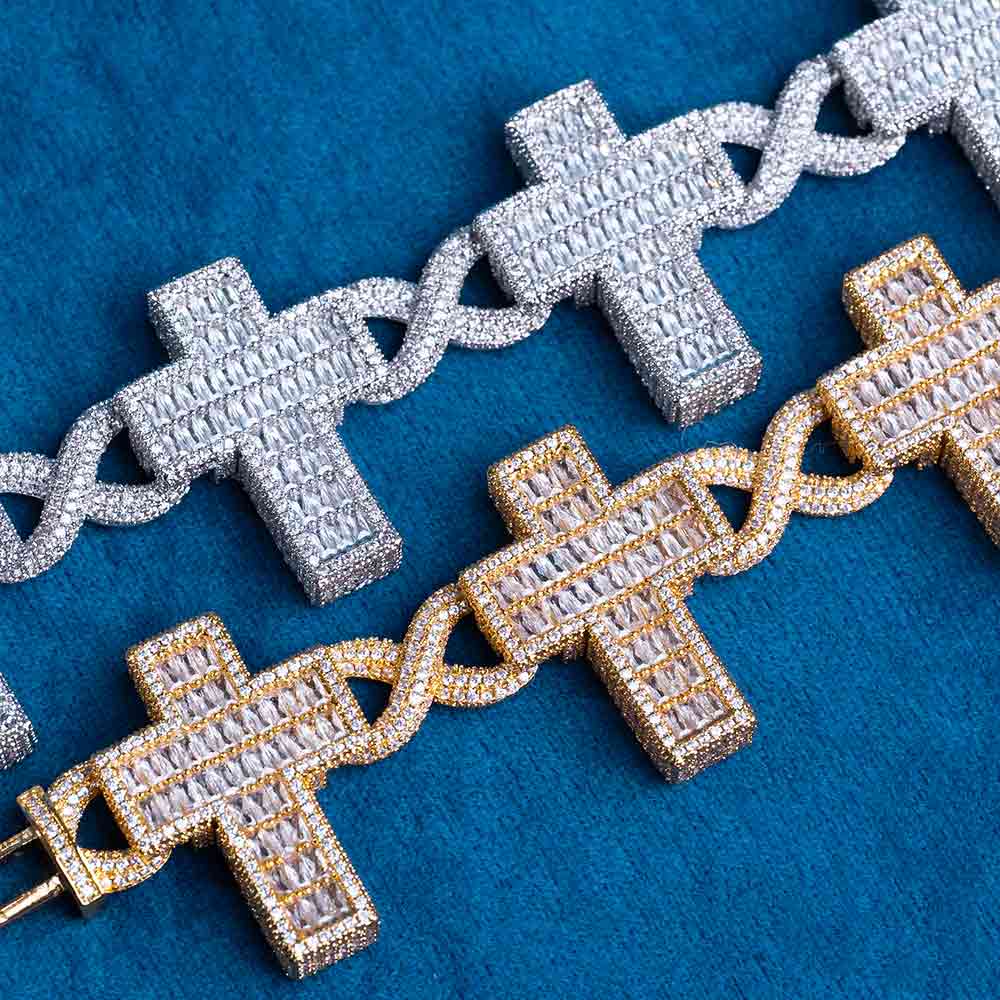30MM 925 Sterling Silver Moissanite Cross Link Bracelet for Jewelry With Baguette & Rounds