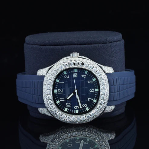 Iced Out Luxury Moissanite Diamond Automatic Blue Rubber belt Watch, Customized Moissanite Studded Rubber belt Watch