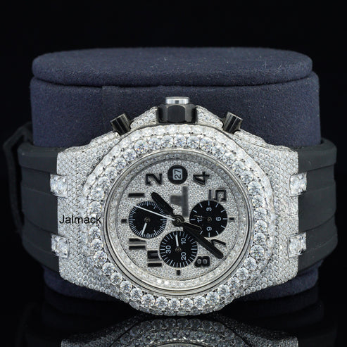 Stainless Steel Iced Out Moissanite Diamond Automatic Rubber Belt Watch, Customized Moissanite Studded Rubber belt Watch