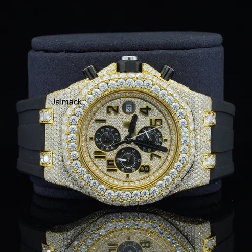 Stainless Steel Iced Out Moissanite Diamond Automatic Rubber Belt Watch, Customized Moissanite Studded Rubber belt Watch