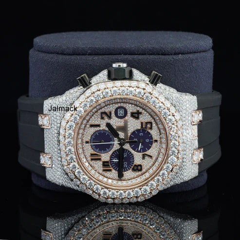 Stainless Steel Iced Out Moissanite Diamond Automatic Rubber Belt Watch, Customized Moissanite Studded Rubber belt Watch