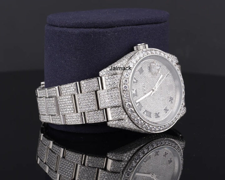 Sparkling Rolex 41MM Date Just Moissanite Diamond Watch With Roman Letter, Customized Moissanite Studded Watch
