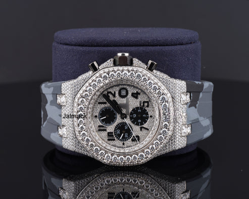Stainless Steel Iced Out Moissanite Diamond Automatic Rubber Belt Watch, Customized Moissanite Studded Rubber belt Watch
