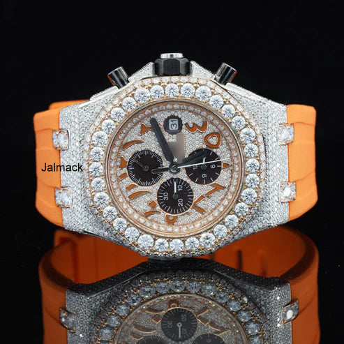 Stainless Steel Iced Out Moissanite Diamond Automatic Rubber Belt Watch, Customized Moissanite Studded Rubber belt Watch