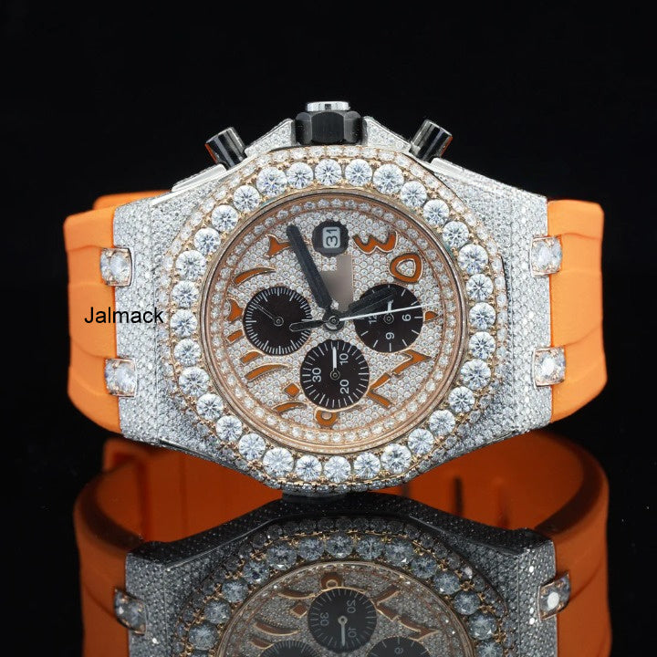 Stainless Steel Iced Out Moissanite Diamond Automatic Rubber Belt Watch, Customized Moissanite Studded Rubber belt Watch