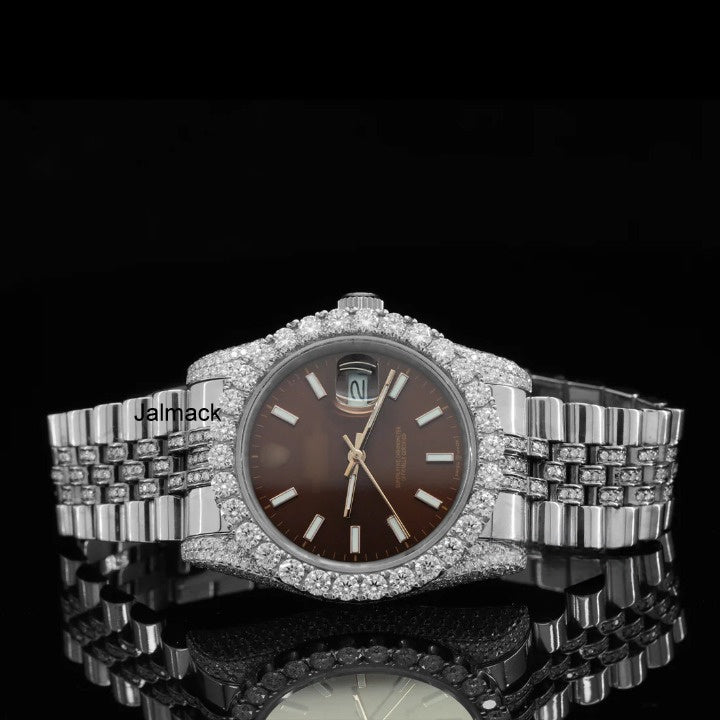 Customized Moissanite Studded Watch, 36MM Date Just fully Bust down Moissanite Diamond Watch