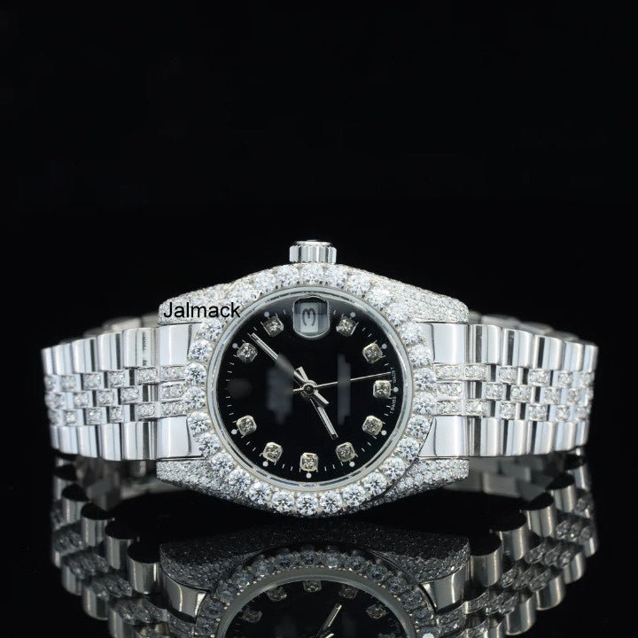 Customized Moissanite Studded Watch, 36MM Date Just fully Bust down Moissanite Diamond Watch