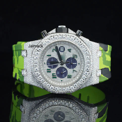 Stainless Steel Iced Out Moissanite Diamond Automatic Rubber Belt Watch, Customized Moissanite Studded Rubber belt Watch