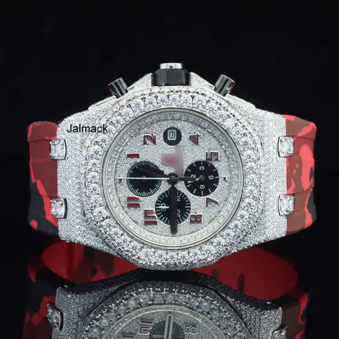 Stainless Steel Iced Out Moissanite Diamond Automatic Rubber Belt Watch, Customized Moissanite Studded Rubber belt Watch