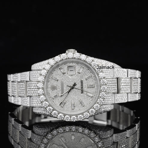 Customized Moissanite Studded Watch, 41MM Date Just fully Bust down Moissanite Diamond Watch