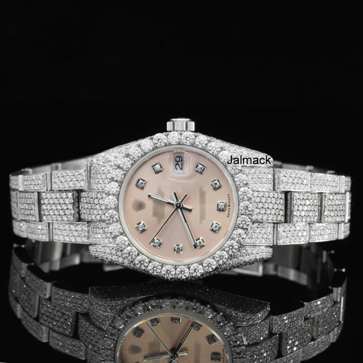 Customized Moissanite Studded Watch, 36MM Date Just fully Bust down Moissanite Diamond Watch