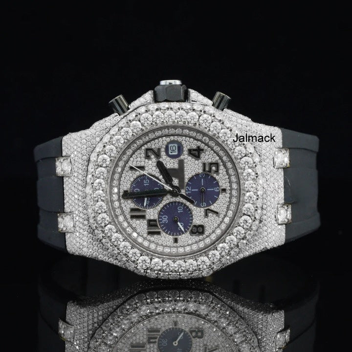 Stainless Steel Iced Out Moissanite Diamond Automatic Rubber Belt Watch, Customized Moissanite Studded Rubber belt Watch