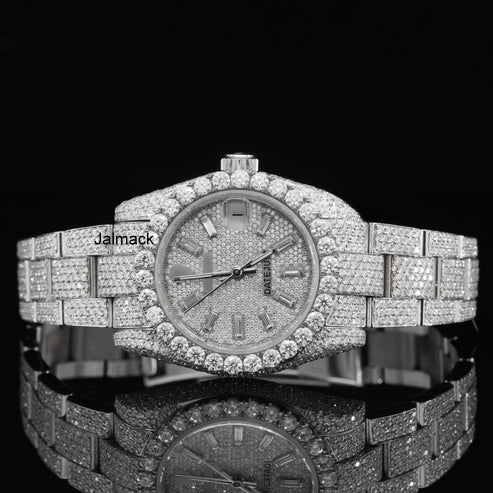 Customized Moissanite Studded Watch, 41MM Date Just fully Bust down Moissanite Diamond Watch