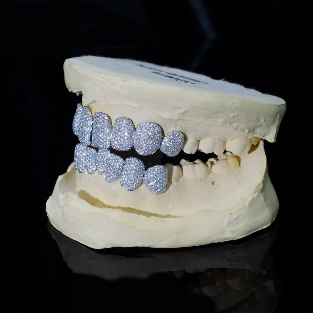 Moissanite Teeth Grillz 8 Top and 8 Bottom in 925 Sterling Silver for Men's fashion