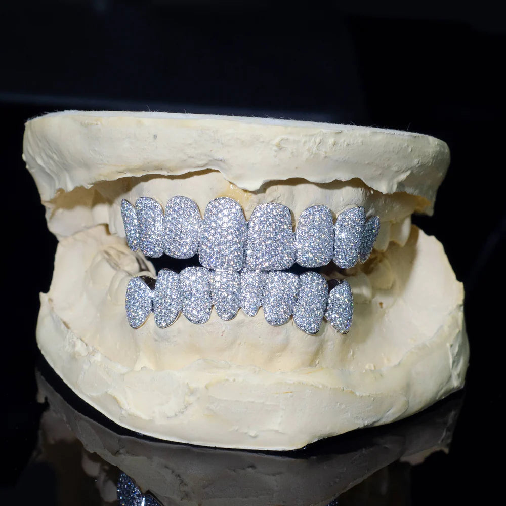 Moissanite Teeth Grillz 8 Top and 8 Bottom in 925 Sterling Silver for Men's fashion