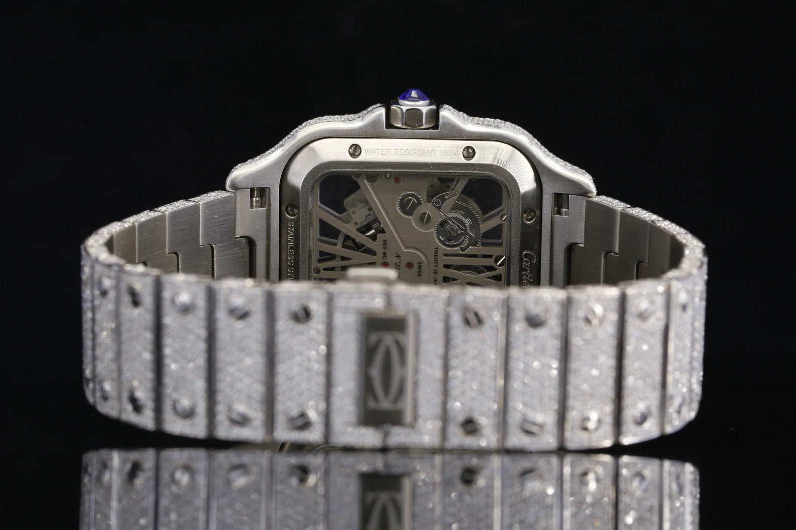 40MM Cartier Santos Skeleton Moissanite watch, Customized Moissanite Studded Watch
