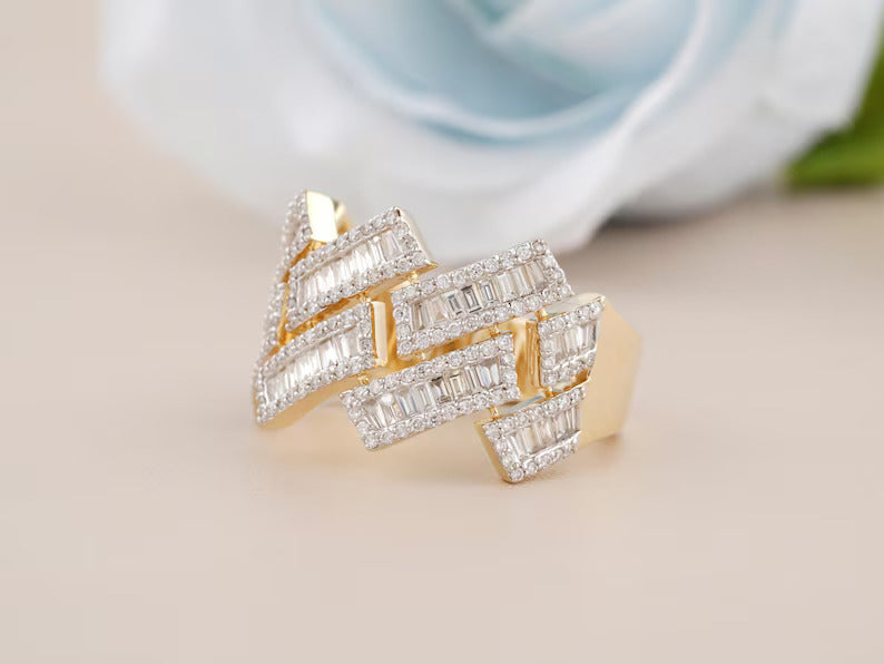 10K Solid White Gold Plated Moissanite Diamond Hip hop Ring - Gold Pave Setting Diamond Link Ring for men's Hip hop fashion