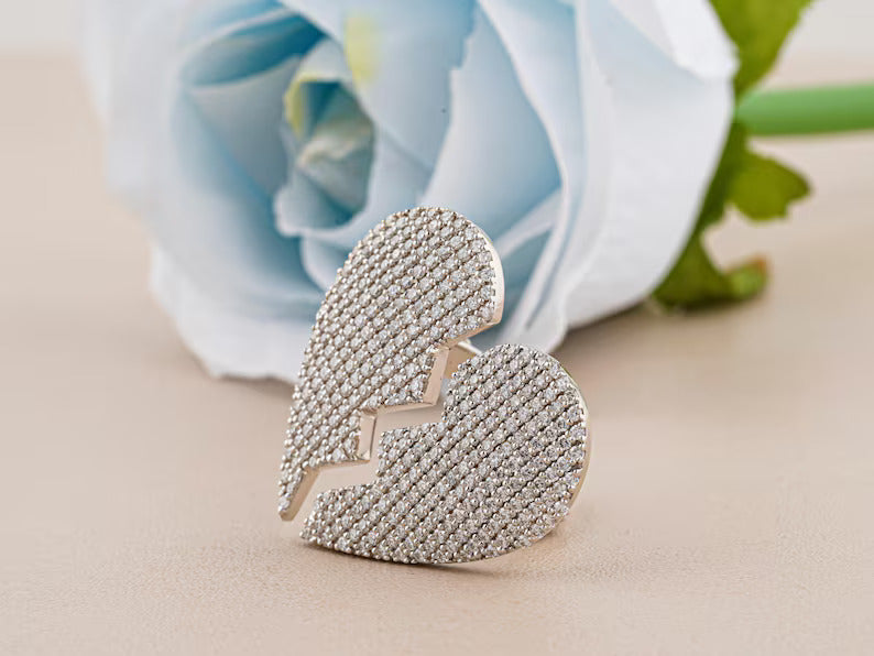 Luxury Moissanite Diamond Heart Hip hop Ring - Broken Heart 925 Sterling Silver Ring for valentine's day