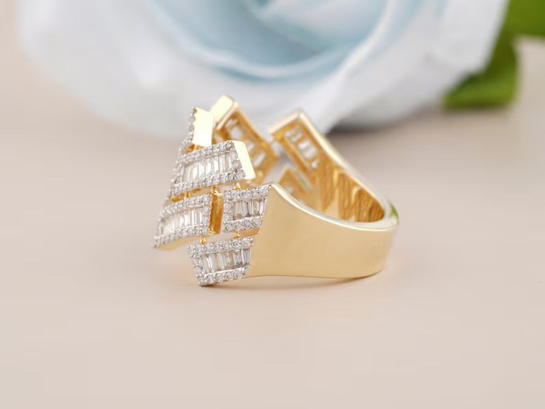 10K Solid White Gold Plated Moissanite Diamond Hip hop Ring - Gold Pave Setting Diamond Link Ring for men's Hip hop fashion