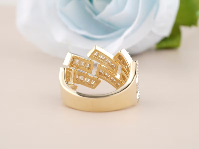 10K Solid White Gold Plated Moissanite Diamond Hip hop Ring - Gold Pave Setting Diamond Link Ring for men's Hip hop fashion