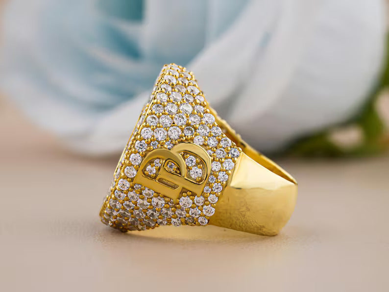Personalized Yellow Gold Plated Moissanite Diamond - 925 Sterling Silver Hip Hop Custom Name Ring for Rapper
