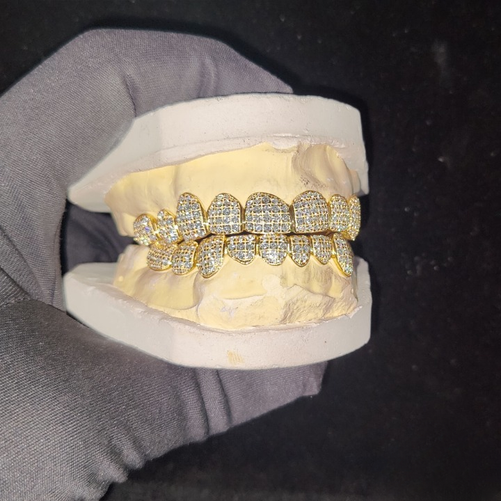Iced Out Moissanite Diamond Grillz - Silver and Gold Teeth Grillz, 8 top & 8 bottom Hip Hop Rapper Grillz