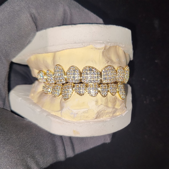 Iced Out Moissanite Diamond Grillz - Silver and Gold Teeth Grillz, 8 top & 8 bottom Hip Hop Rapper Grillz