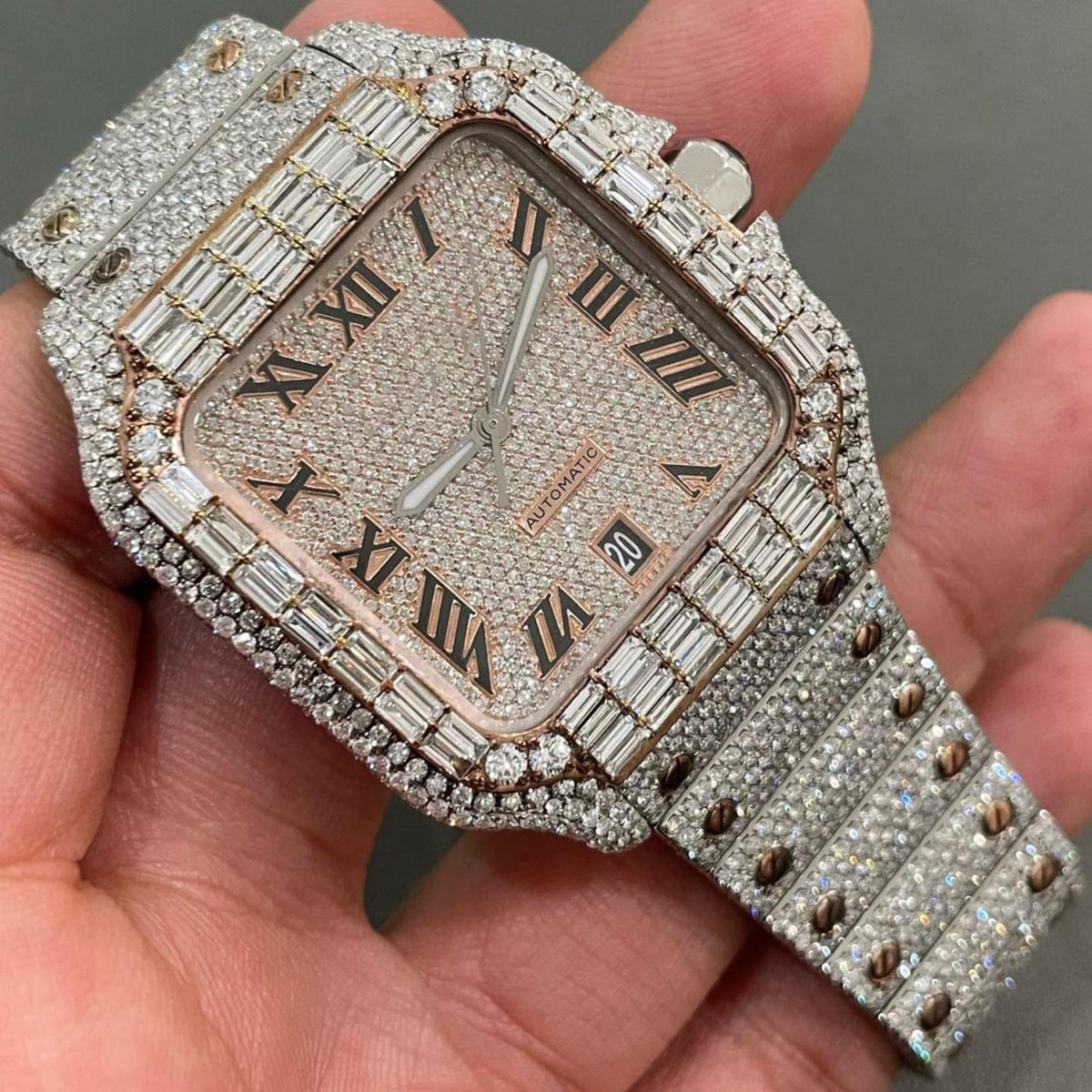 Dual Tone 40MM Cartier Stainless Steel Moissanite Diamond Automatic Watch, Customized Moissanite Studded Watch