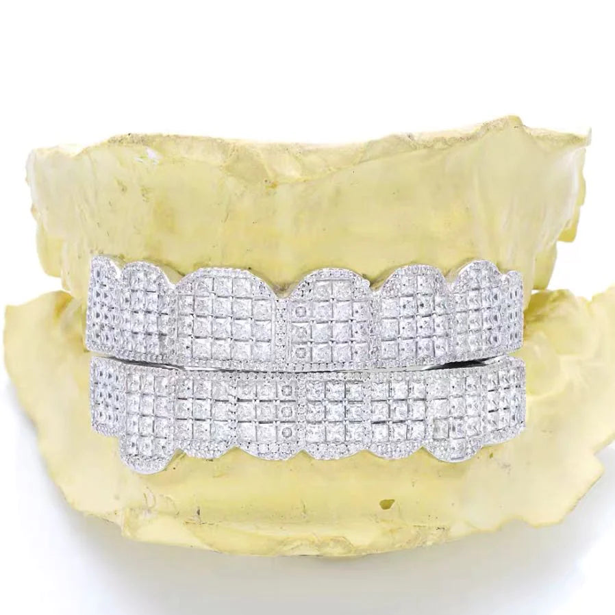 Iced Out Hip hop Moissanite Diamond Teeth Grillz 8 top & 8 bottom with Princess and Round Cut